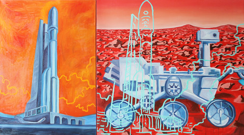 Oil painting of the Atlas V and the Rover Curiosity on Mars.